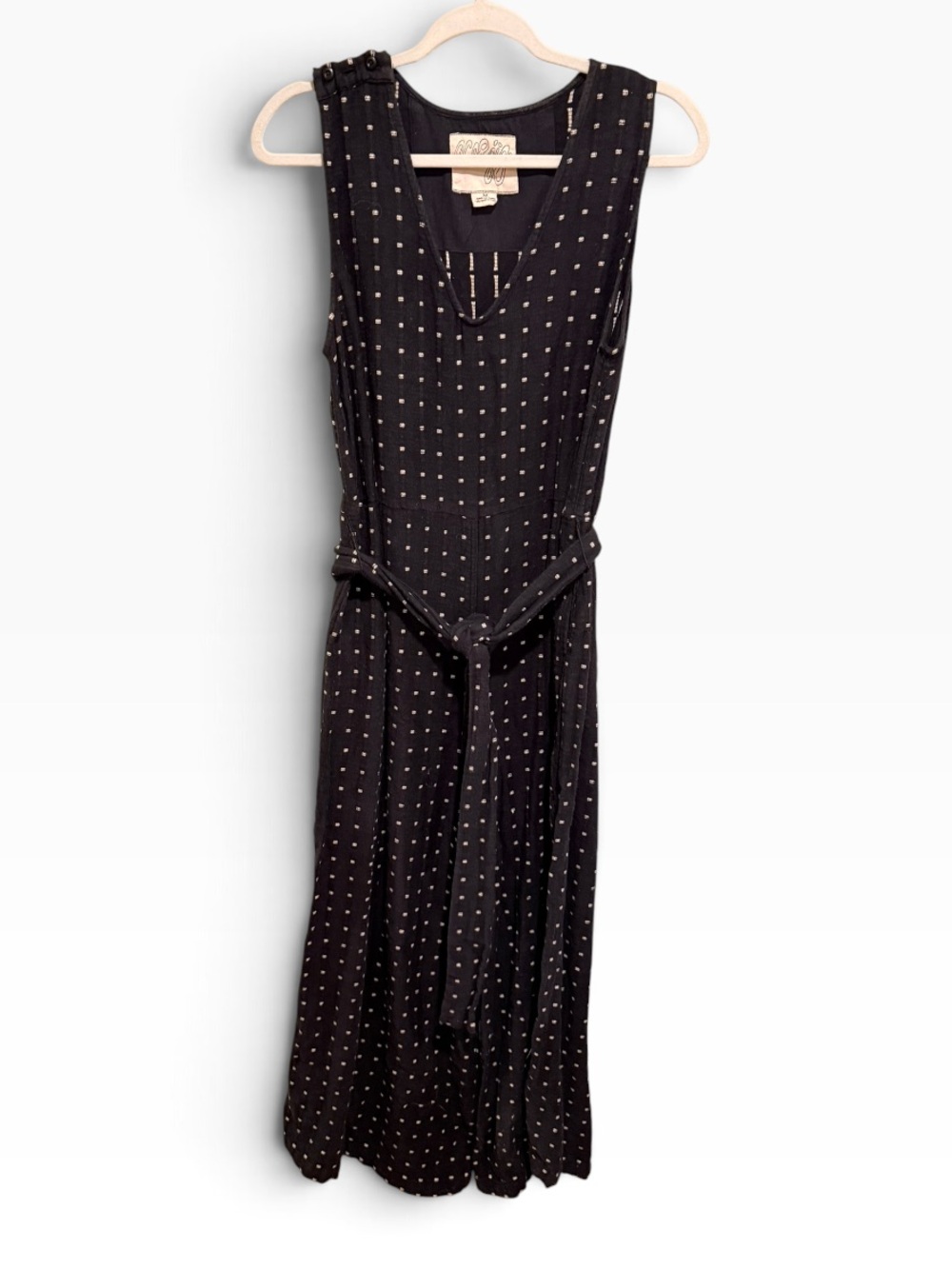 Ace & Jig Black Woven Dot Sleeveless Tie Waist Jumpsuit Sz M